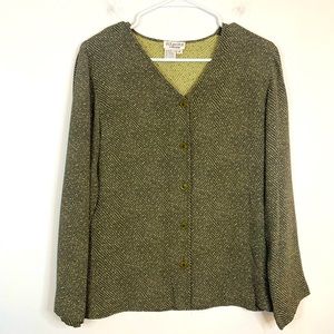 DUE PER DUE Light & Dark Olive Green Dash Patterned  Button Down Blouse